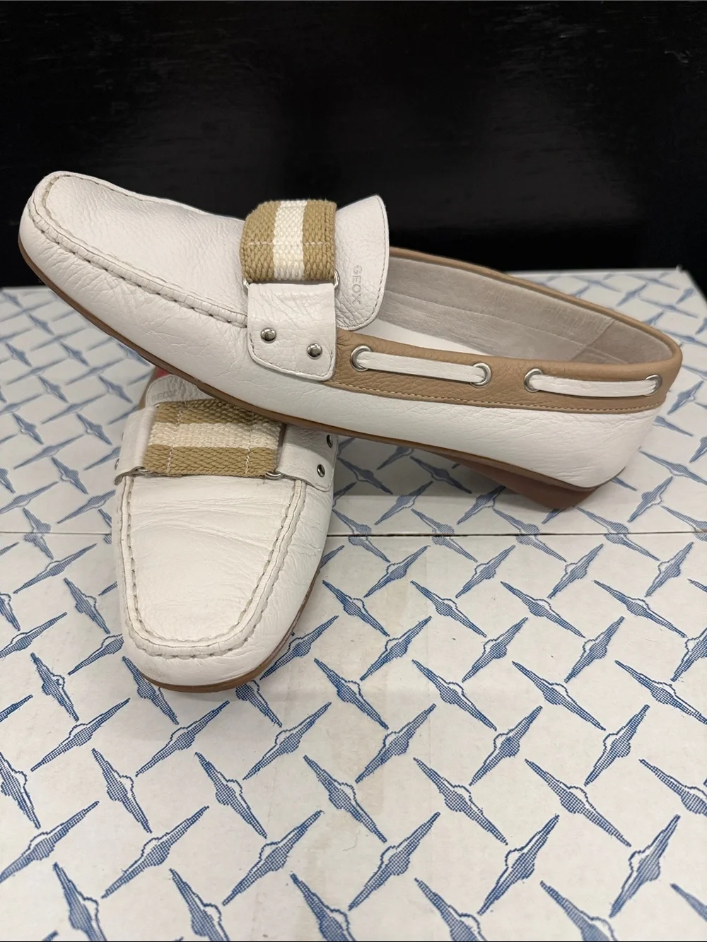 Geox White Leather Slip-On Loafers with Beige Strap and Red Lining